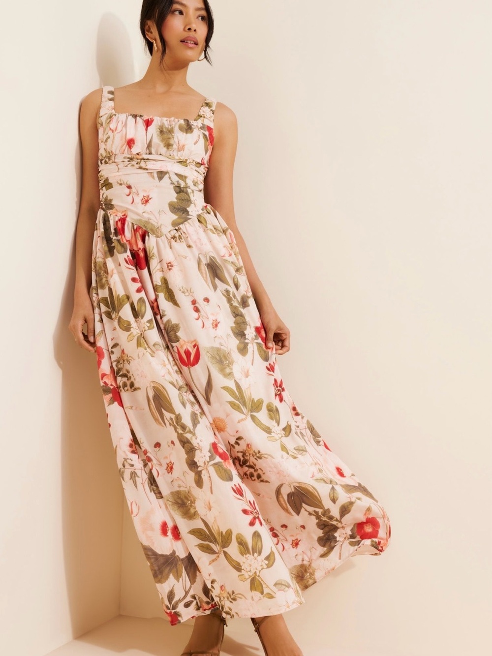 Lulu's Pink Floral Maxi Dress with Green and Red Accents
